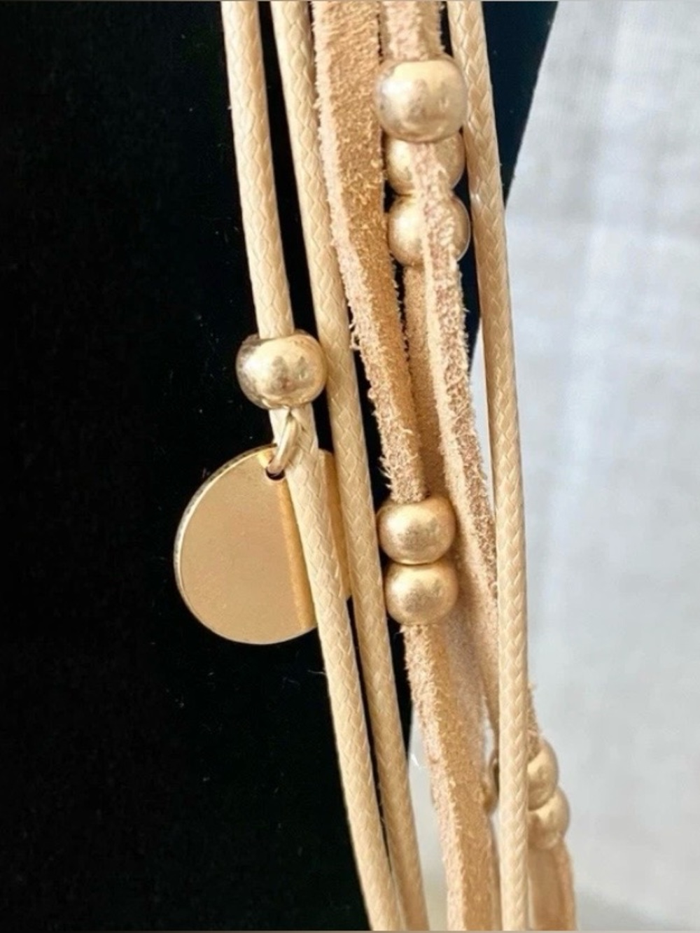 Tan Suede Leather Necklace with Gold Beads & Discs 20” - Picture 4 of 6